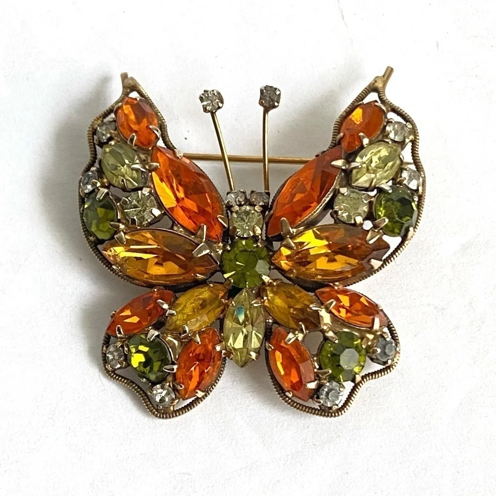 Vintage La Roco Butterfly Brooch Orange Green Rhinestone Pin Retro Estate Piece‎